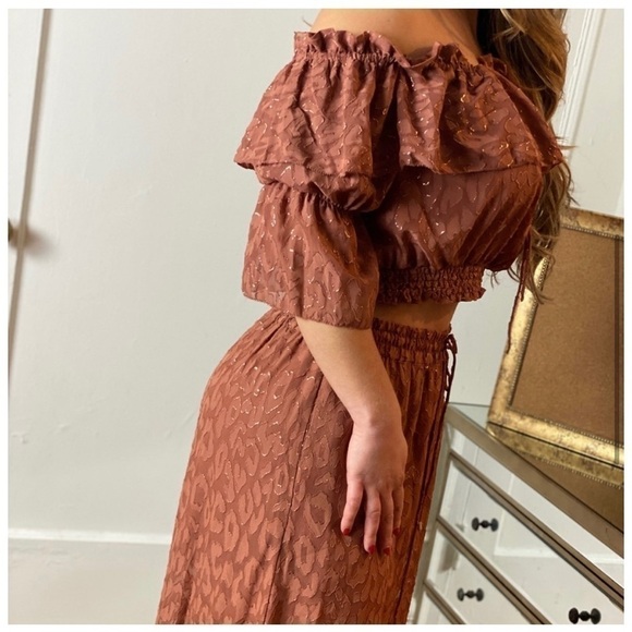H&M Rust Cheetah Wide Leg Pants & Off Shoulder Bardot Crop Top Set Sz 12 - Picture 2 of 15